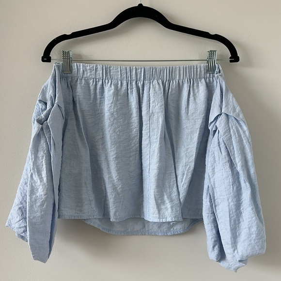 Elodie Strapless Off the Shoulder Puff Sleeve Blue Crop Shirt Blouse Cowgirl - Picture 8 of 11